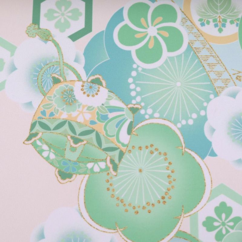 着物用洗える生地 梅花に手まりと糸巻き(淡緑) 1反売り(約12m)