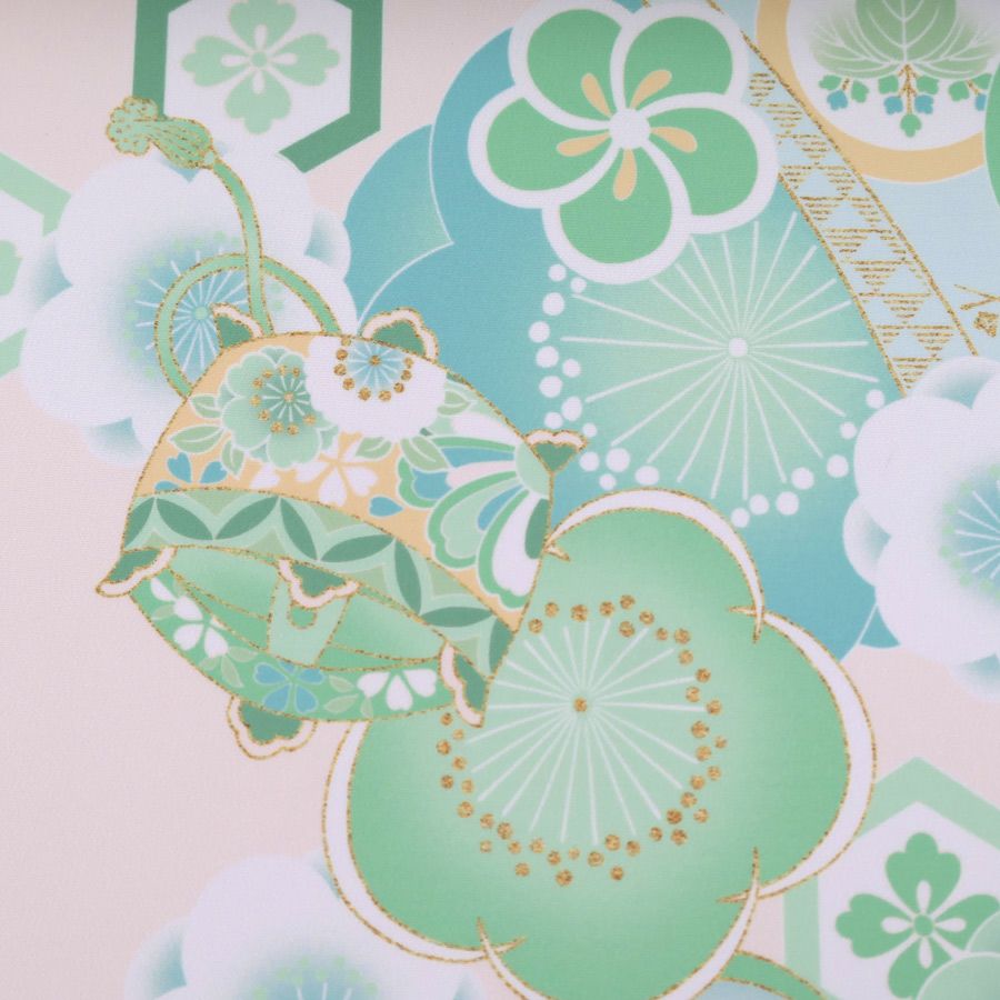 着物用洗える生地 梅花に手まりと糸巻き(淡緑) 1反売り(約12m)