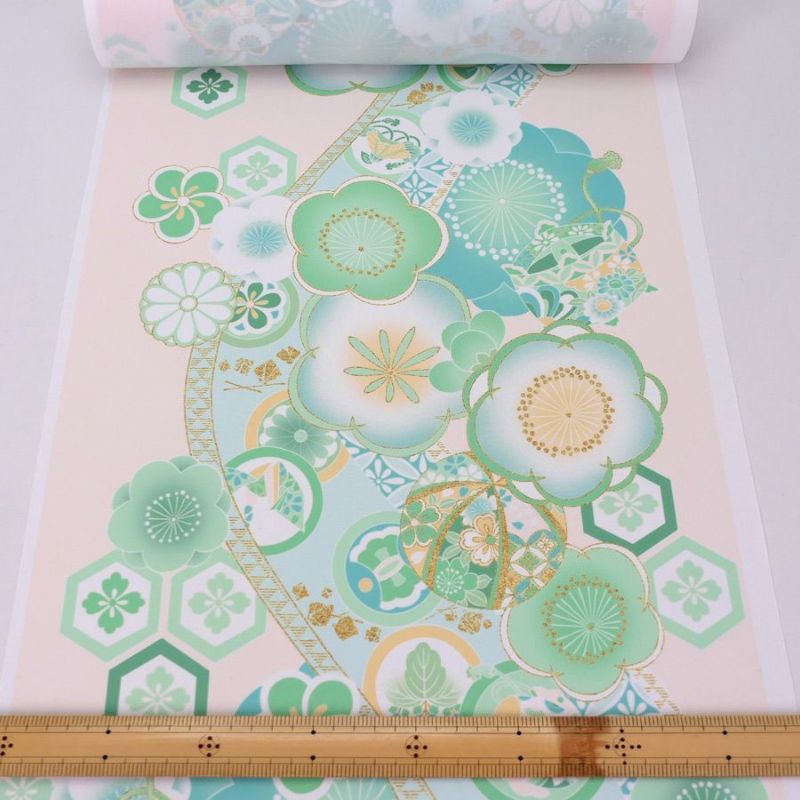 着物用洗える生地 梅花に手まりと糸巻き(淡緑) 1反売り(約12m)