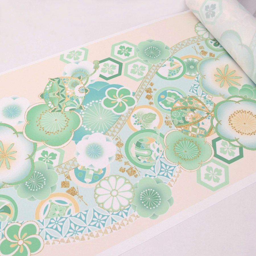 着物用洗える生地 梅花に手まりと糸巻き(淡緑) 1反売り(約12m)