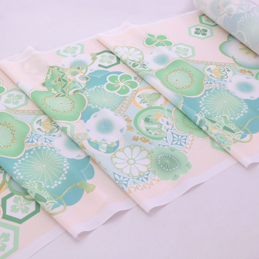 着物用洗える生地 梅花に手まりと糸巻き(淡緑) 1反売り(約12m)