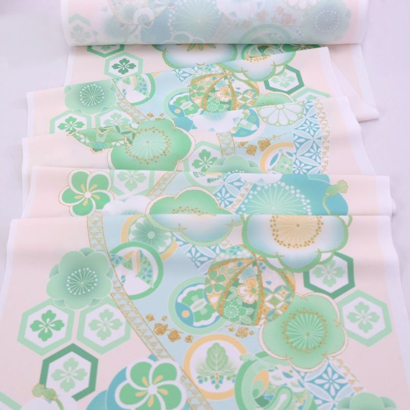 着物用洗える生地 梅花に手まりと糸巻き(淡緑) 1反売り(約12m)