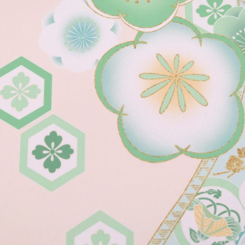 着物用洗える生地 梅花に手まりと糸巻き(淡緑) 1反売り(約12m)