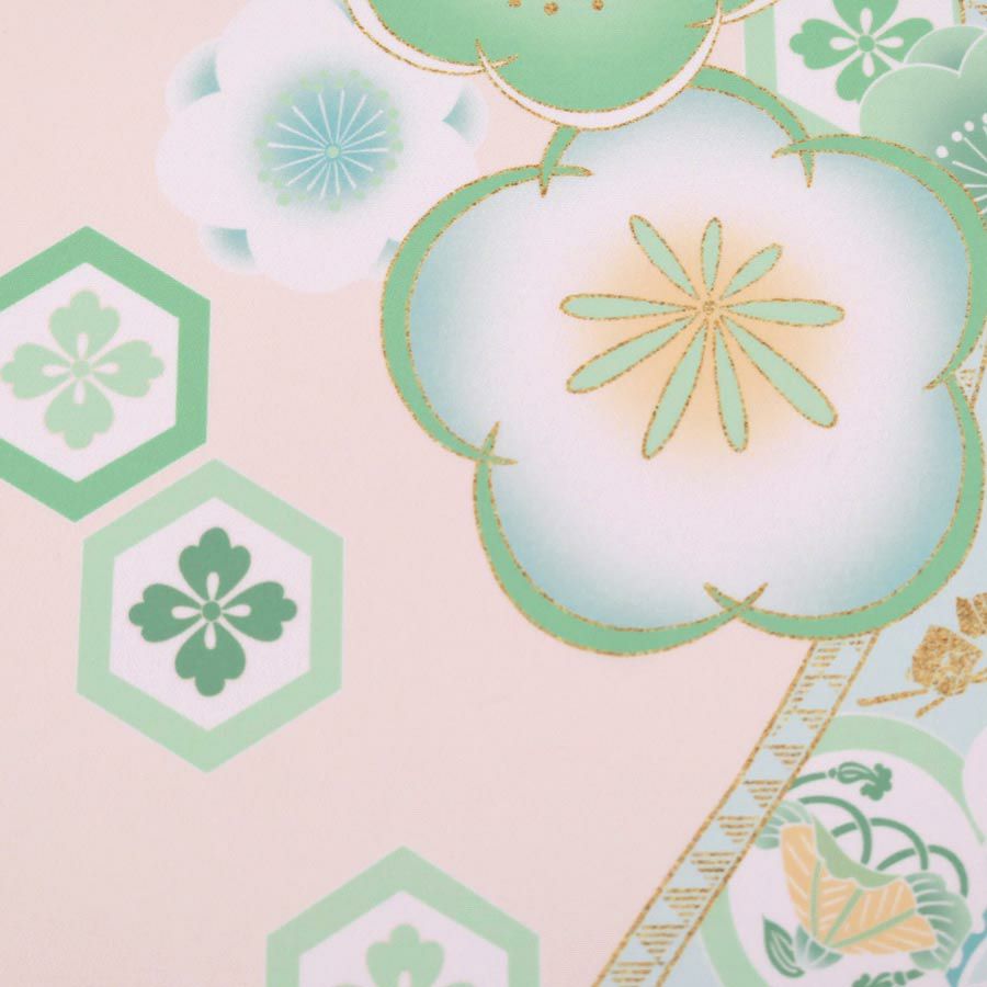 着物用洗える生地 梅花に手まりと糸巻き(淡緑) 1反売り(約12m)