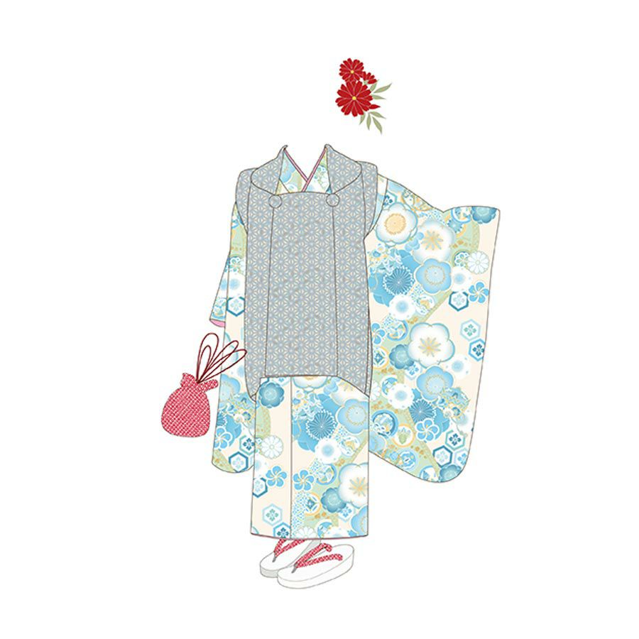 着物用洗える生地 梅花に手まりと糸巻き(水色) 1反売り(約12m)