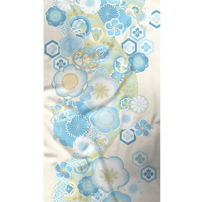 着物用洗える生地 梅花に手まりと糸巻き(水色) 1反売り(約12m)