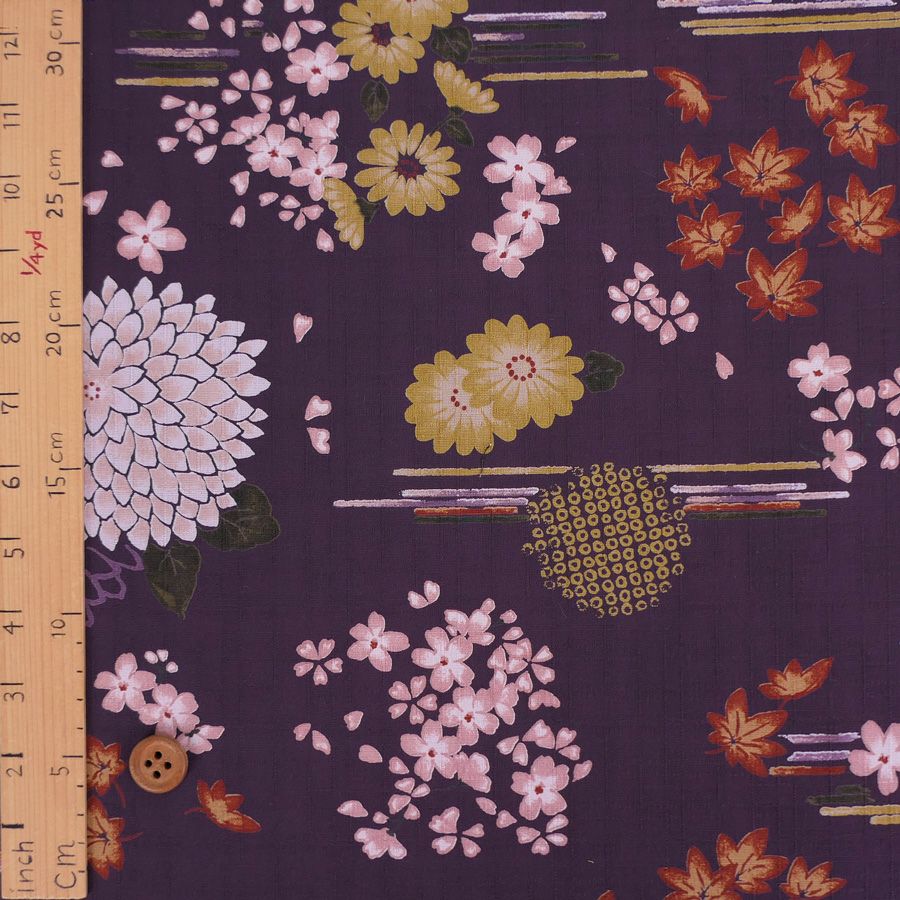 和柄コットン生地 花綴り(深紫) 10cm単位 切り売り