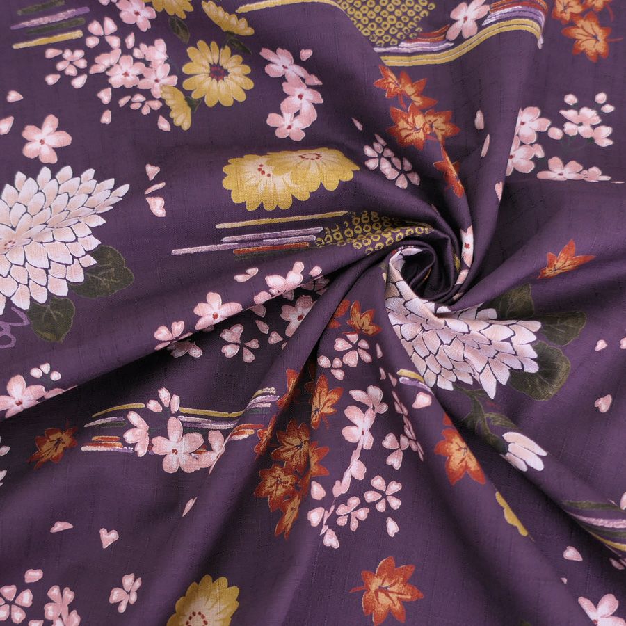 和柄コットン生地 花綴り(深紫) 10cm単位 切り売り