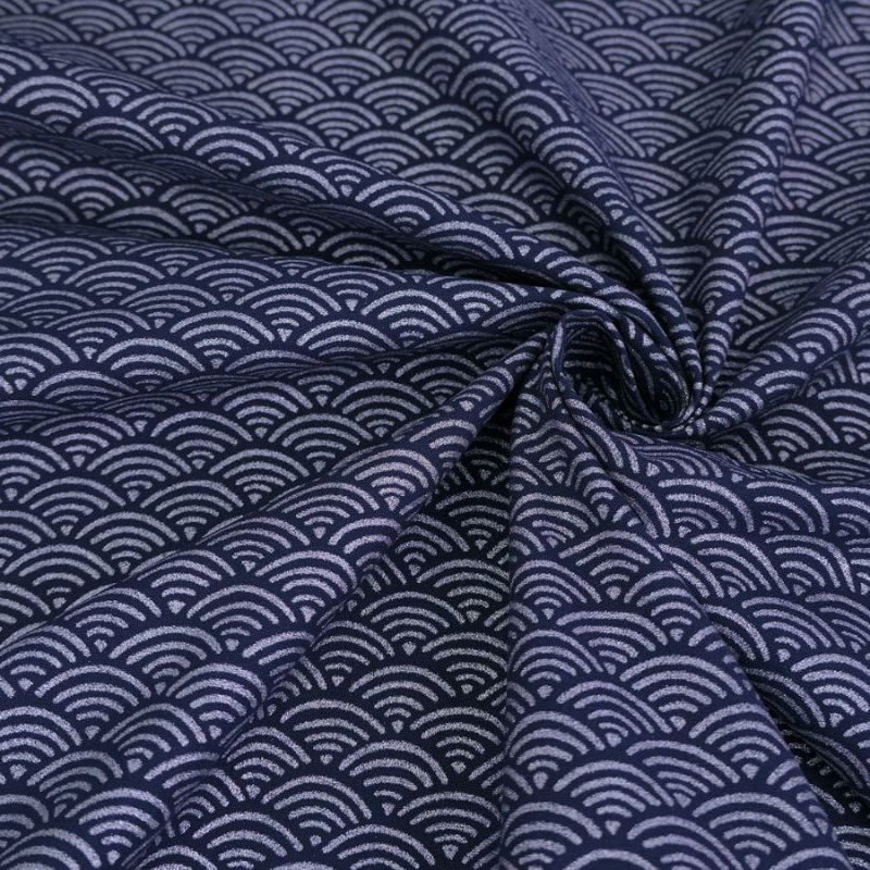  和柄コットン生地 煌めく青海波(銀/濃紺) 10cm単位 切り売り