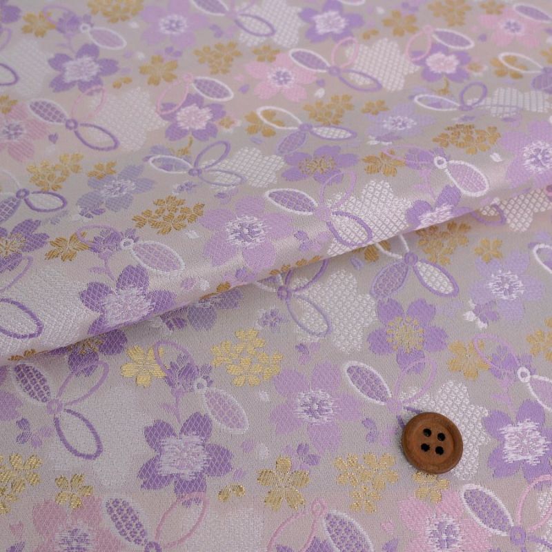 金襴生地(金らん) 桜と結び七宝(白/薄紫) 10cm単位 切り売り