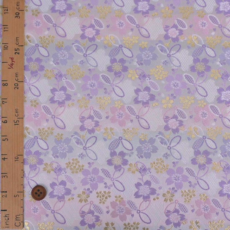 金襴生地(金らん) 桜と結び七宝(白/薄紫) 10cm単位 切り売り