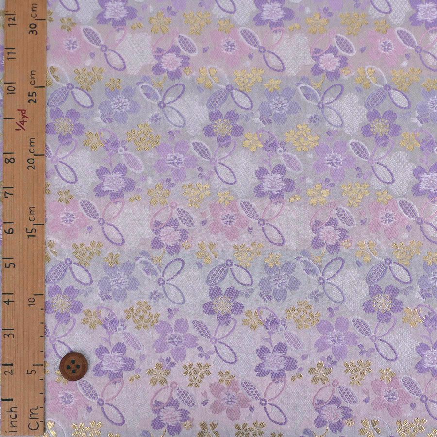 金襴生地(金らん) 桜と結び七宝(白/薄紫) 10cm単位 切り売り