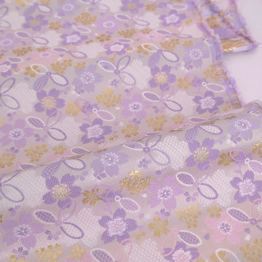金襴生地(金らん) 桜と結び七宝(白/薄紫) 10cm単位 切り売り