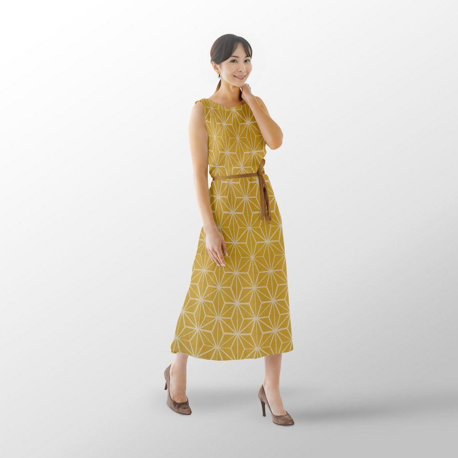 ポリちりめん生地 大きな麻の葉(からし色) 10cm単位 切り売り