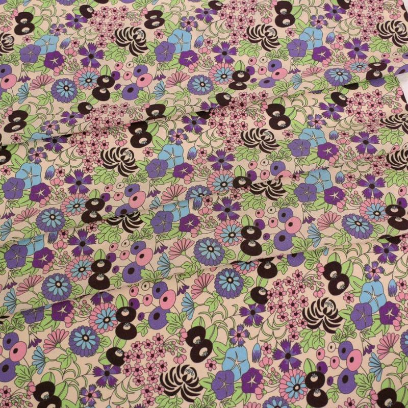 ポリちりめん生地 四季の花あつめ(冬紫/ふゆむらさき) 10cm単位 切り売り