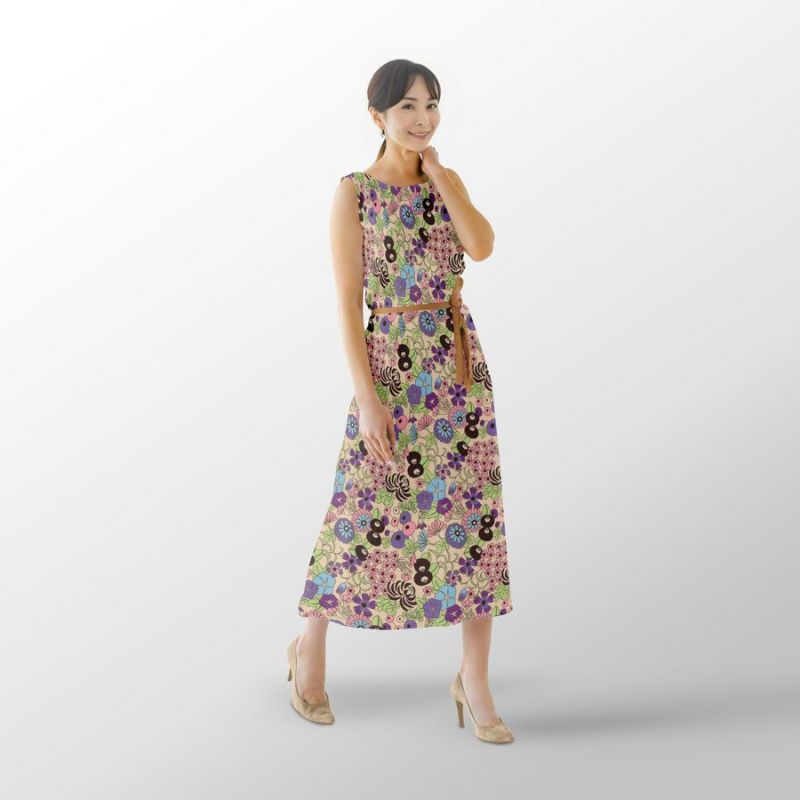 ポリちりめん生地 四季の花あつめ(冬紫/ふゆむらさき) 10cm単位 切り売り