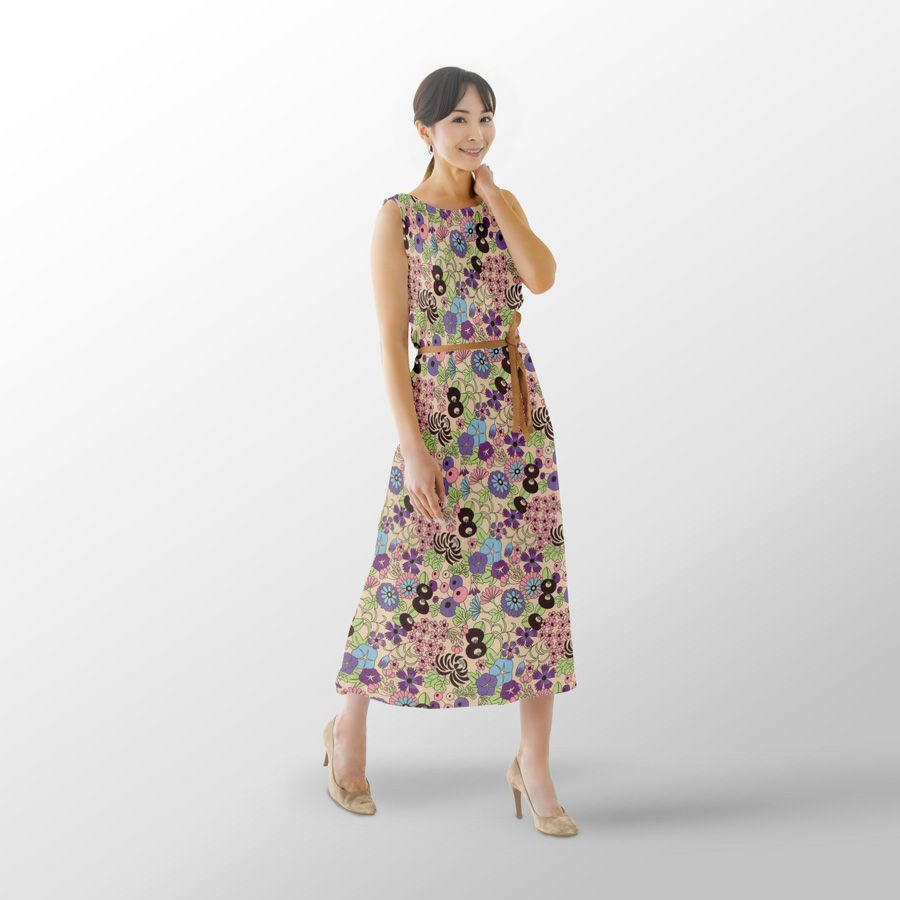 ポリちりめん生地 四季の花あつめ(冬紫/ふゆむらさき) 10cm単位 切り売り