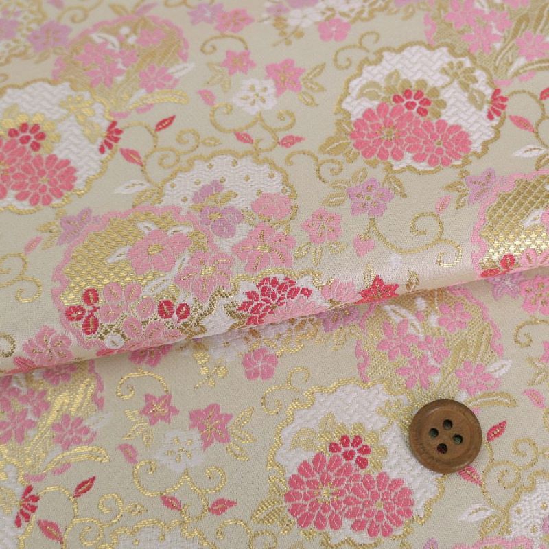 金襴 重ね雪輪に唐草花尽くし（白/ピンク）