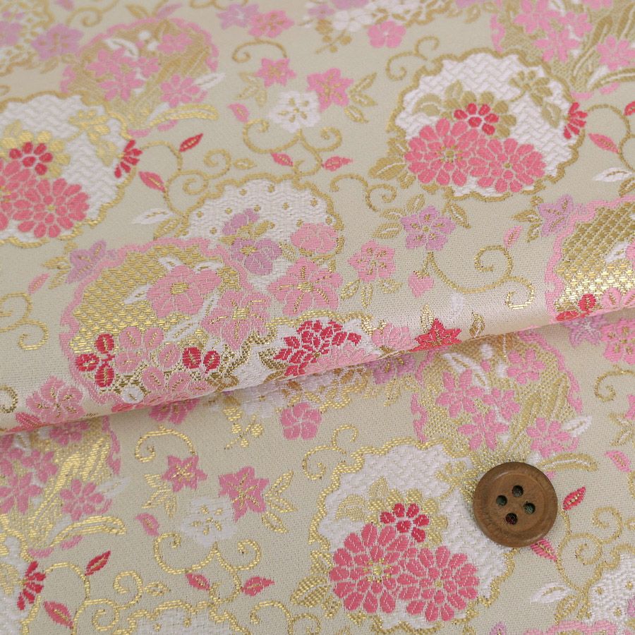 金襴生地(金らん) 重ね雪輪に唐草花尽くし(白/ピンク) 10cm単位 切り売り