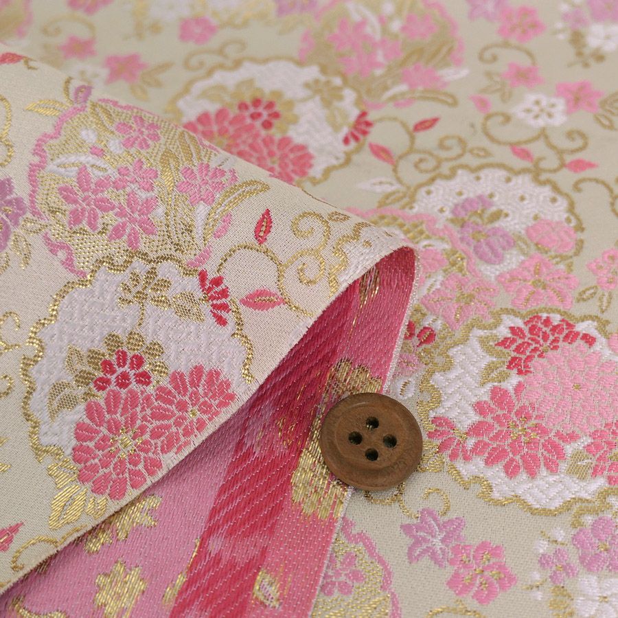 金襴生地(金らん) 重ね雪輪に唐草花尽くし(白/ピンク) 10cm単位 切り売り