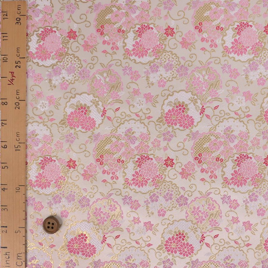 金襴生地(金らん) 重ね雪輪に唐草花尽くし(白/ピンク) 10cm単位 切り売り