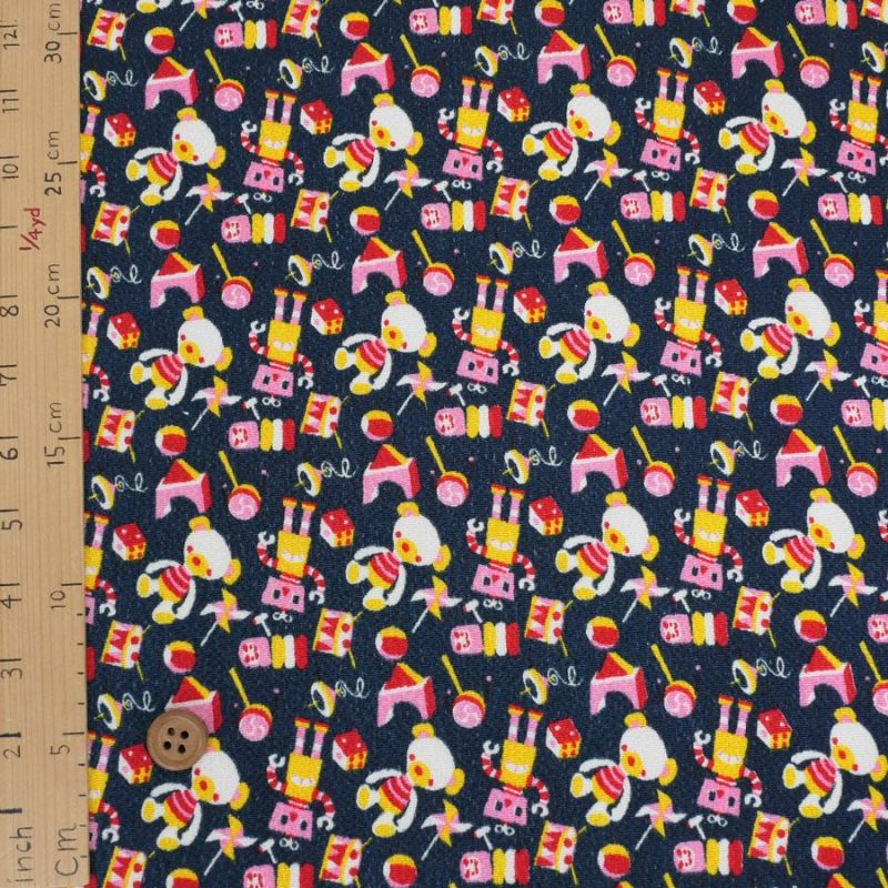 ちりめん生地 おもちゃのパレード(紺) 10cm単位 切り売り