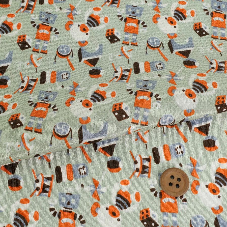 ちりめん生地 おもちゃのパレード(うす青磁) 10cm単位 切り売り