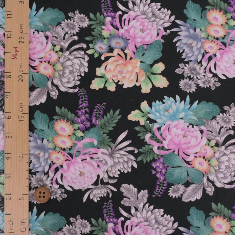 和柄コットン生地 大輪菊の花寄せ(黒) 10cm単位 切り売り