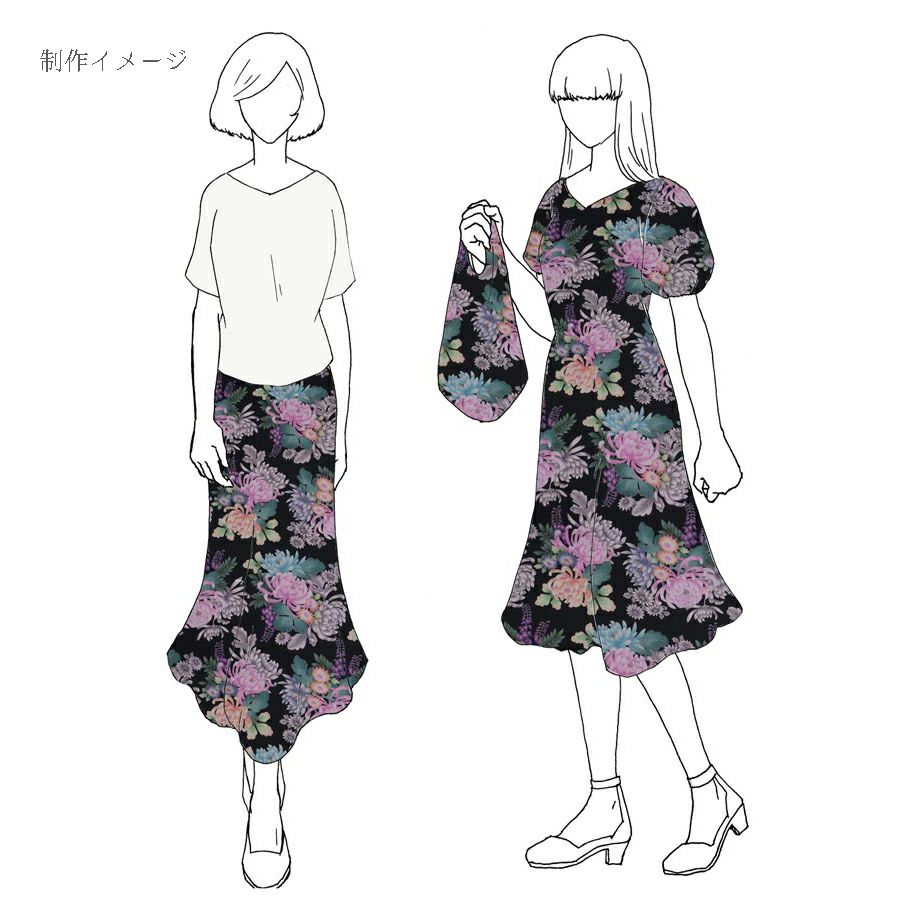 和柄コットン生地 大輪菊の花寄せ(黒) 10cm単位 切り売り