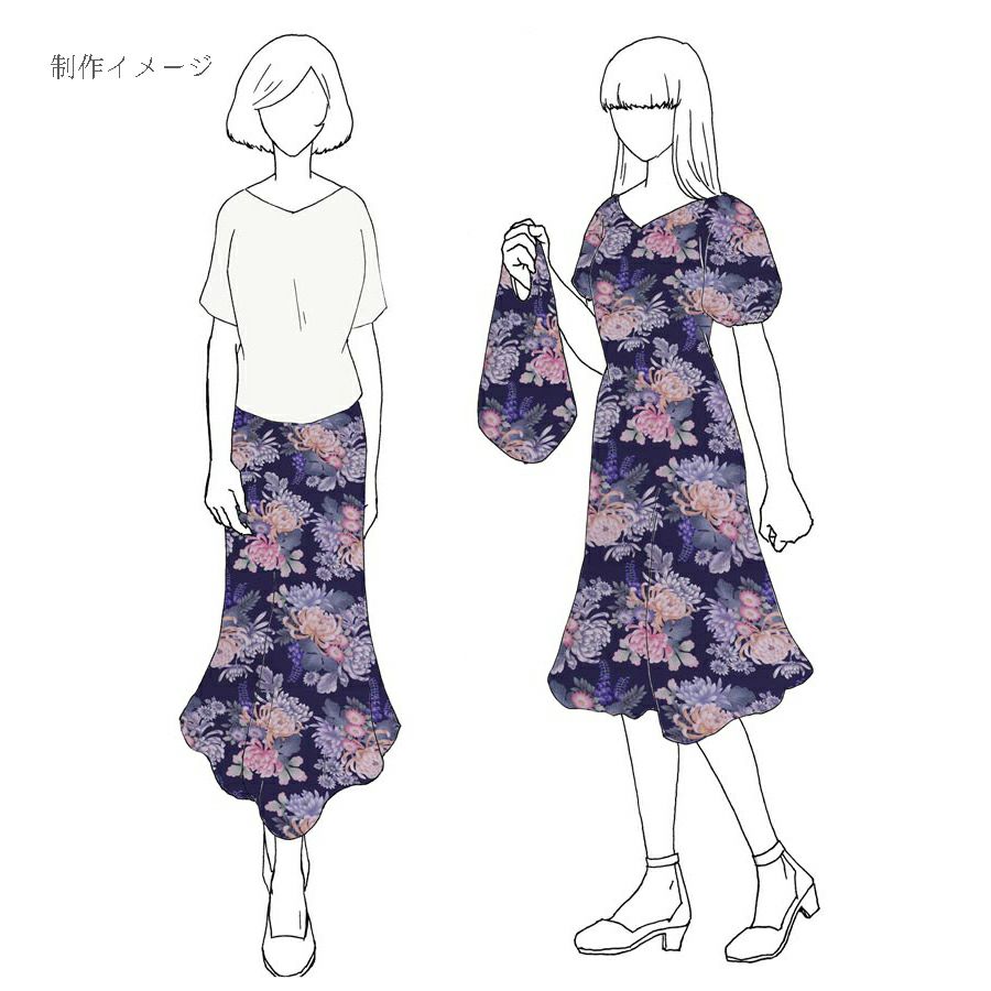 和柄コットン生地 大輪菊の花寄せ(紺) 10cm単位 切り売り