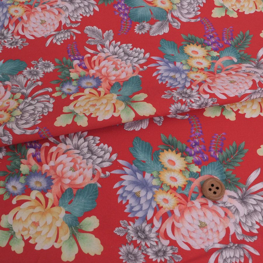 和柄コットン生地 大輪菊の花寄せ(赤) 10cm単位 切り売り