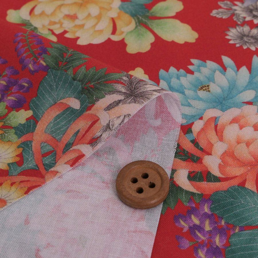 和柄コットン生地 大輪菊の花寄せ(赤) 10cm単位 切り売り