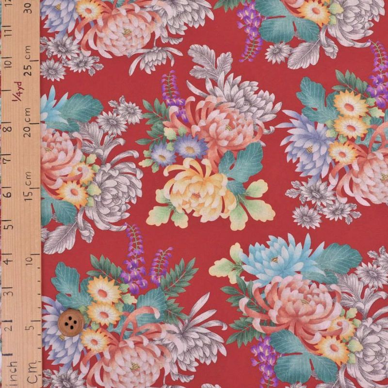 和柄コットン生地 大輪菊の花寄せ(赤) 10cm単位 切り売り