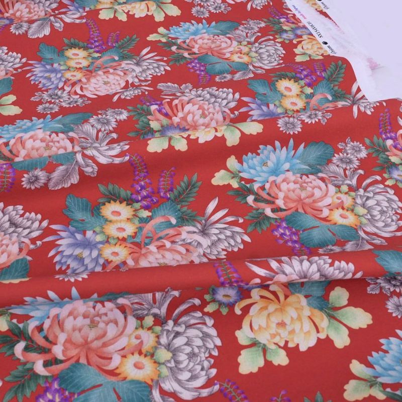 和柄コットン生地 大輪菊の花寄せ(赤) 10cm単位 切り売り