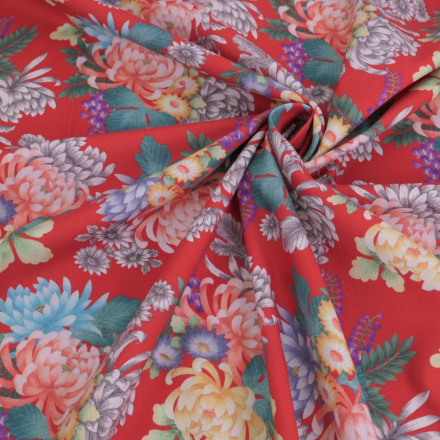 和柄コットン生地 大輪菊の花寄せ(赤) 10cm単位 切り売り