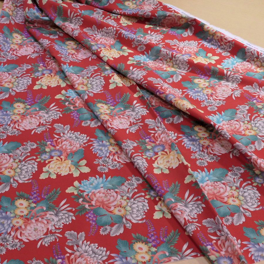 和柄コットン生地 大輪菊の花寄せ(赤) 10cm単位 切り売り