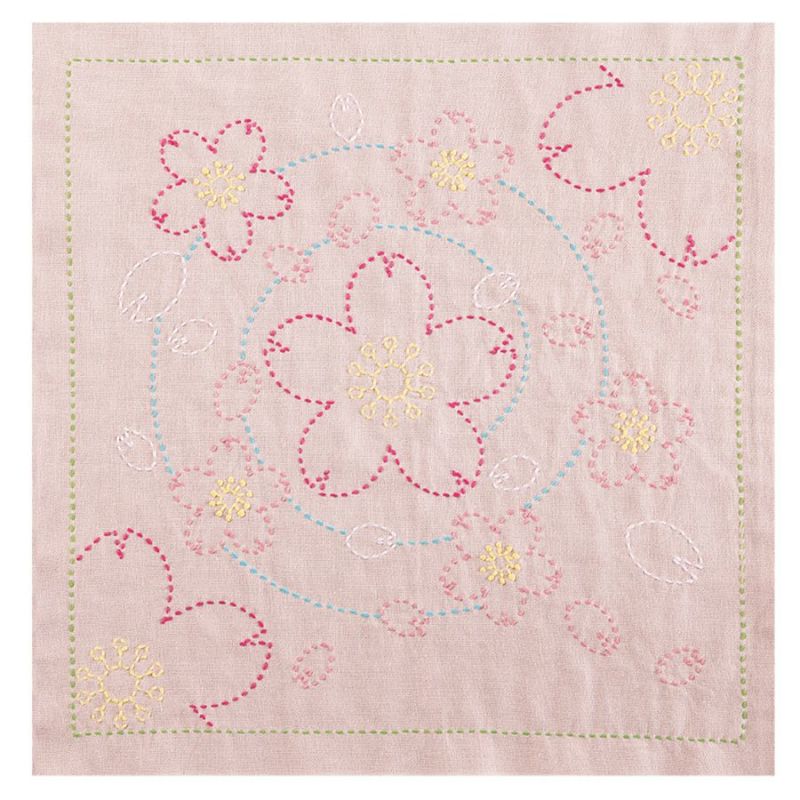 刺し子キット 花ふきん 水辺の桜(渋ピンク) オリムパス製絲刺子布巾 桜柄 図案プリント済みで簡単スタート?
