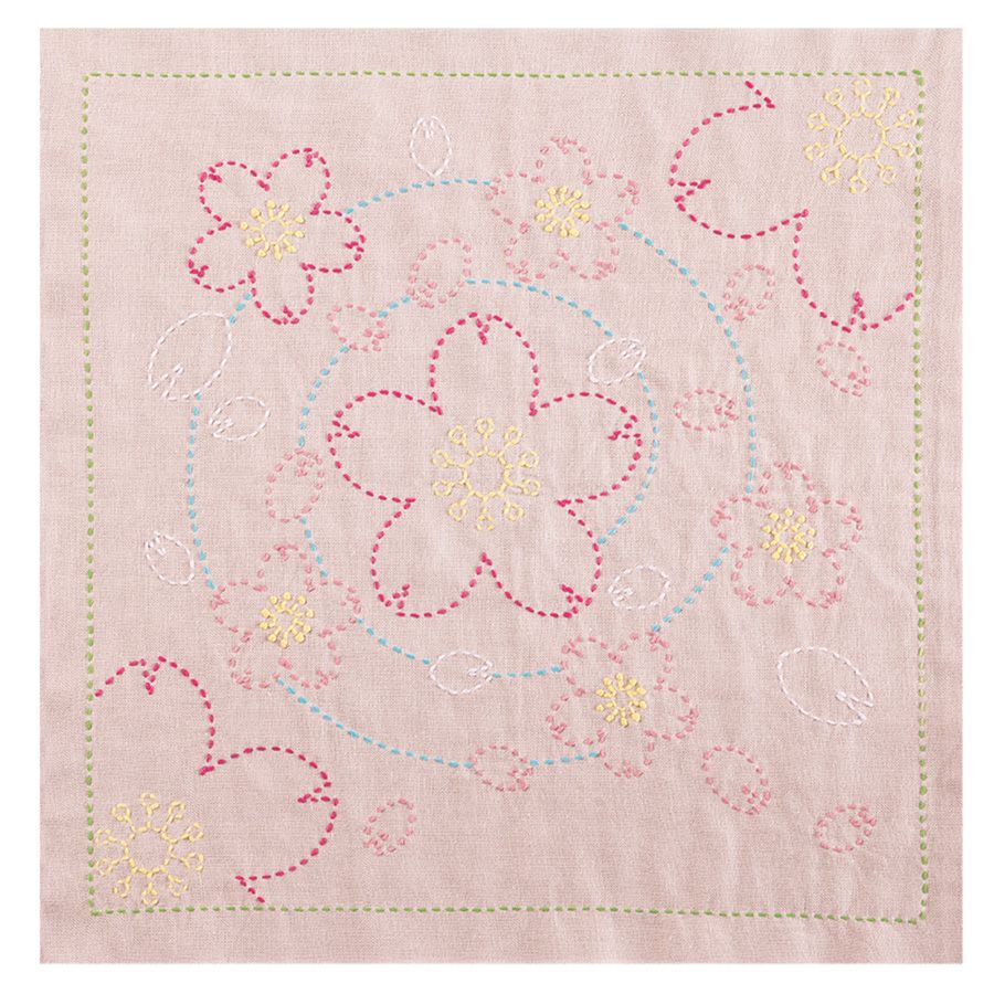 刺し子キット 花ふきん 水辺の桜(渋ピンク) オリムパス製絲刺子布巾 桜柄 図案プリント済みで簡単スタート?