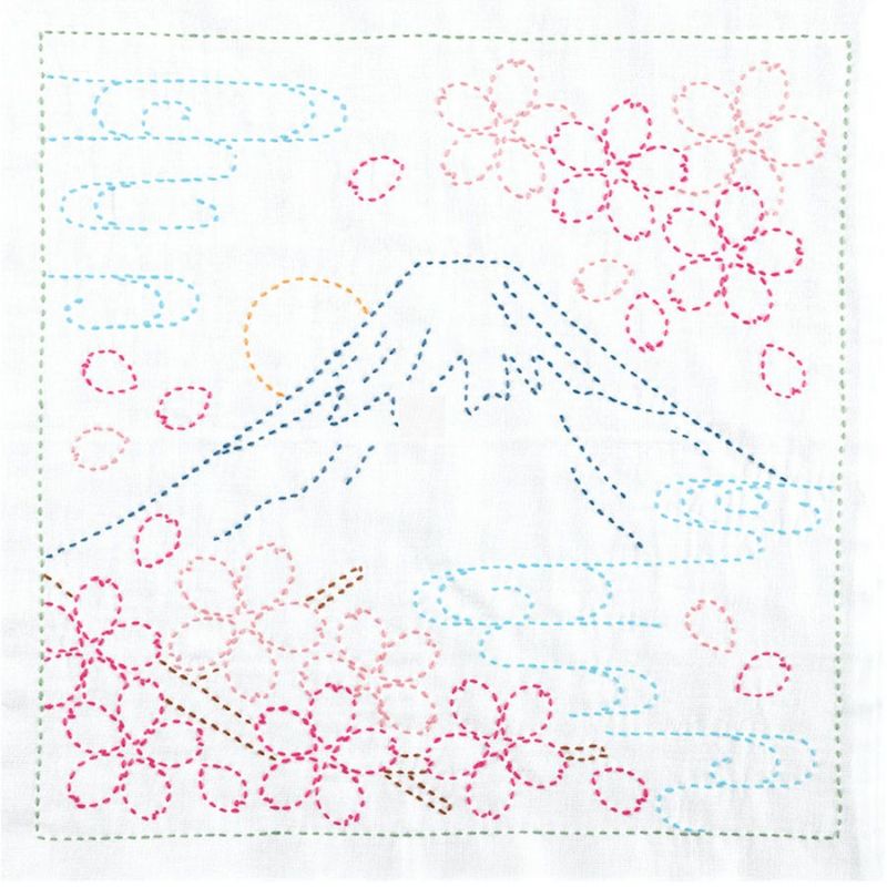 刺し子キット 花ふきん 富士と桜(白) オリムパス製絲刺子布巾 桜モチーフ 英訳付 海外のギフトにも