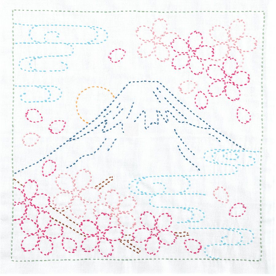 刺し子キット 花ふきん 富士と桜(白) オリムパス製絲刺子布巾 桜モチーフ 英訳付 海外のギフトにも