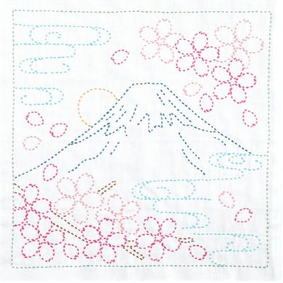 刺し子ふきん（ハートレース）5枚組 刺し子キット 花ふきん 富士と桜(白) |生地 和柄/和布/ちりめん