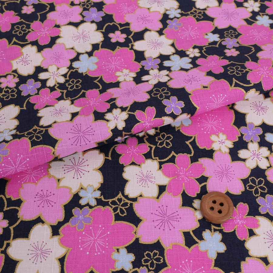 和柄コットン生地 金の縁取り桜もよう(濃紺) 10cm単位 切り売り コットンドビー 浴衣甚平生地 HOKKOH 桜模様 さくら柄 ネイビー