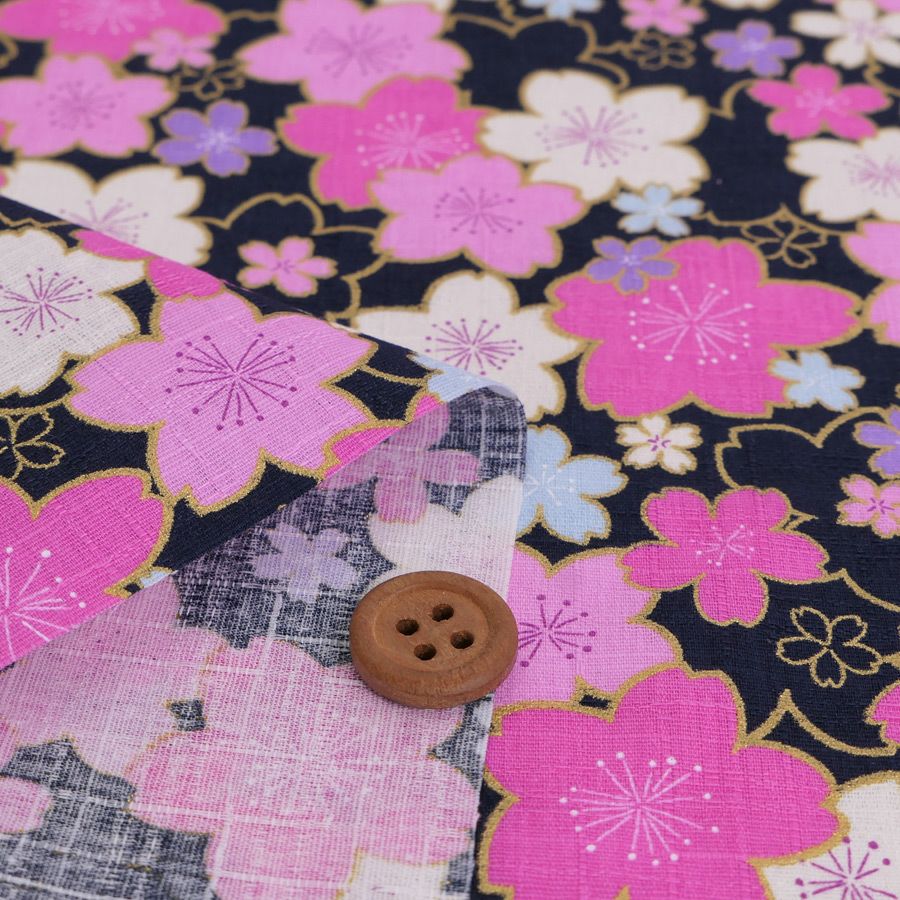 和柄コットン生地 金の縁取り桜もよう(濃紺) 10cm単位 切り売り コットンドビー 浴衣甚平生地 HOKKOH 桜模様 さくら柄 ネイビー