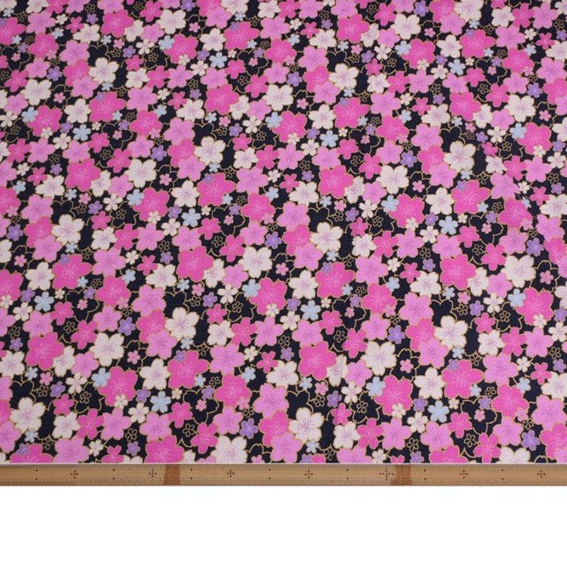 和柄コットン生地 金の縁取り桜もよう(濃紺) 10cm単位 切り売り コットンドビー 浴衣甚平生地 HOKKOH 桜模様 さくら柄 ネイビー