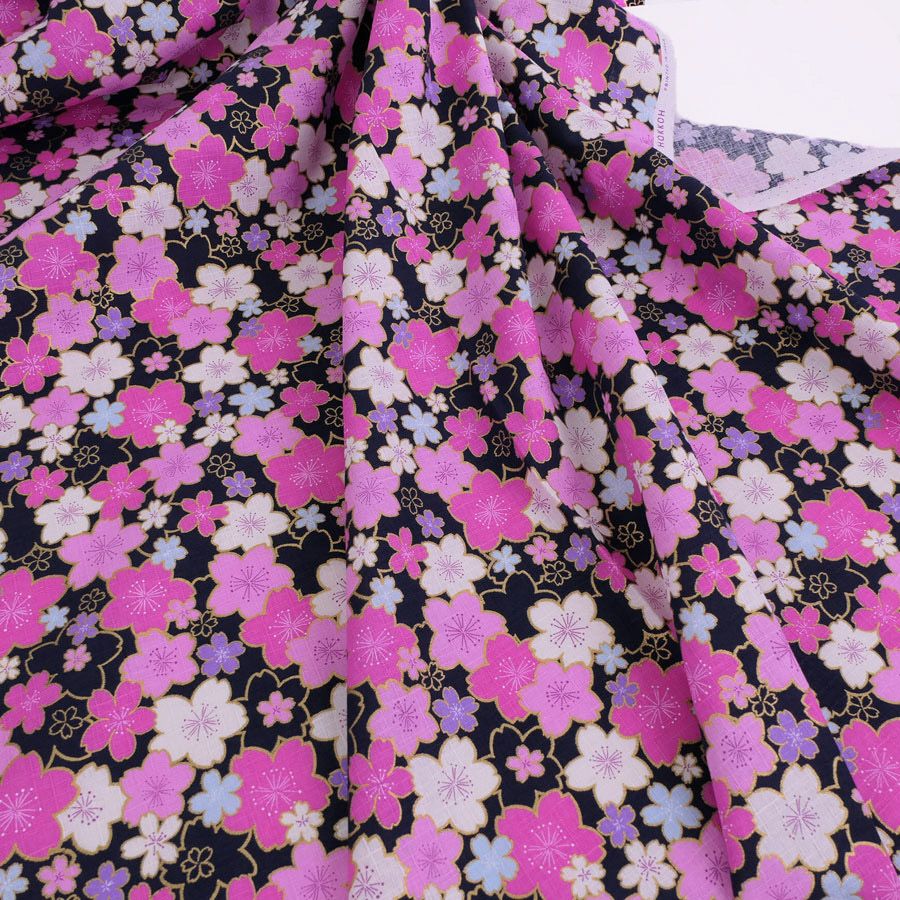 和柄コットン生地 金の縁取り桜もよう(濃紺) 10cm単位 切り売り コットンドビー 浴衣甚平生地 HOKKOH 桜模様 さくら柄 ネイビー