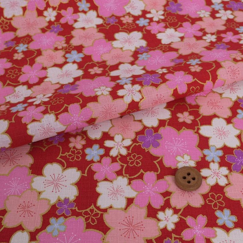 和柄コットン生地 金の縁取り桜もよう(赤) 10cm単位 切り売り コットンドビー 浴衣甚平生地 HOKKOH 桜模様 さくら柄 レッド