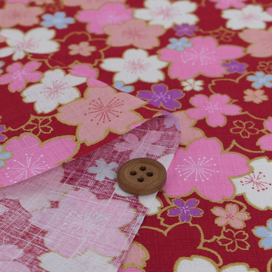 和柄コットン生地 金の縁取り桜もよう(赤) 10cm単位 切り売り コットンドビー 浴衣甚平生地 HOKKOH 桜模様 さくら柄 レッド