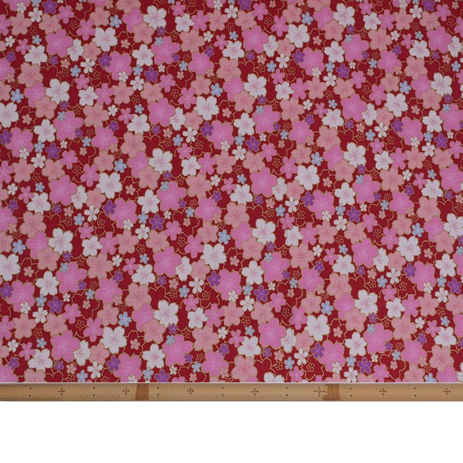 和柄コットン生地 金の縁取り桜もよう(赤) 10cm単位 切り売り コットンドビー 浴衣甚平生地 HOKKOH 桜模様 さくら柄 レッド