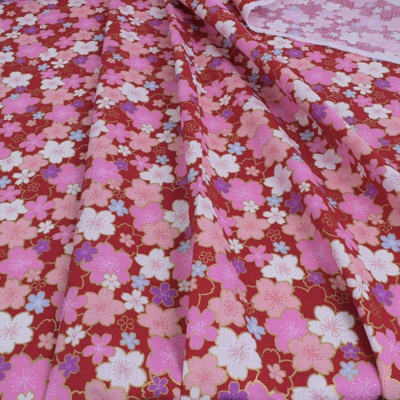 和柄コットン生地 金の縁取り桜もよう(赤) 10cm単位 切り売り コットンドビー 浴衣甚平生地 HOKKOH 桜模様 さくら柄 レッド