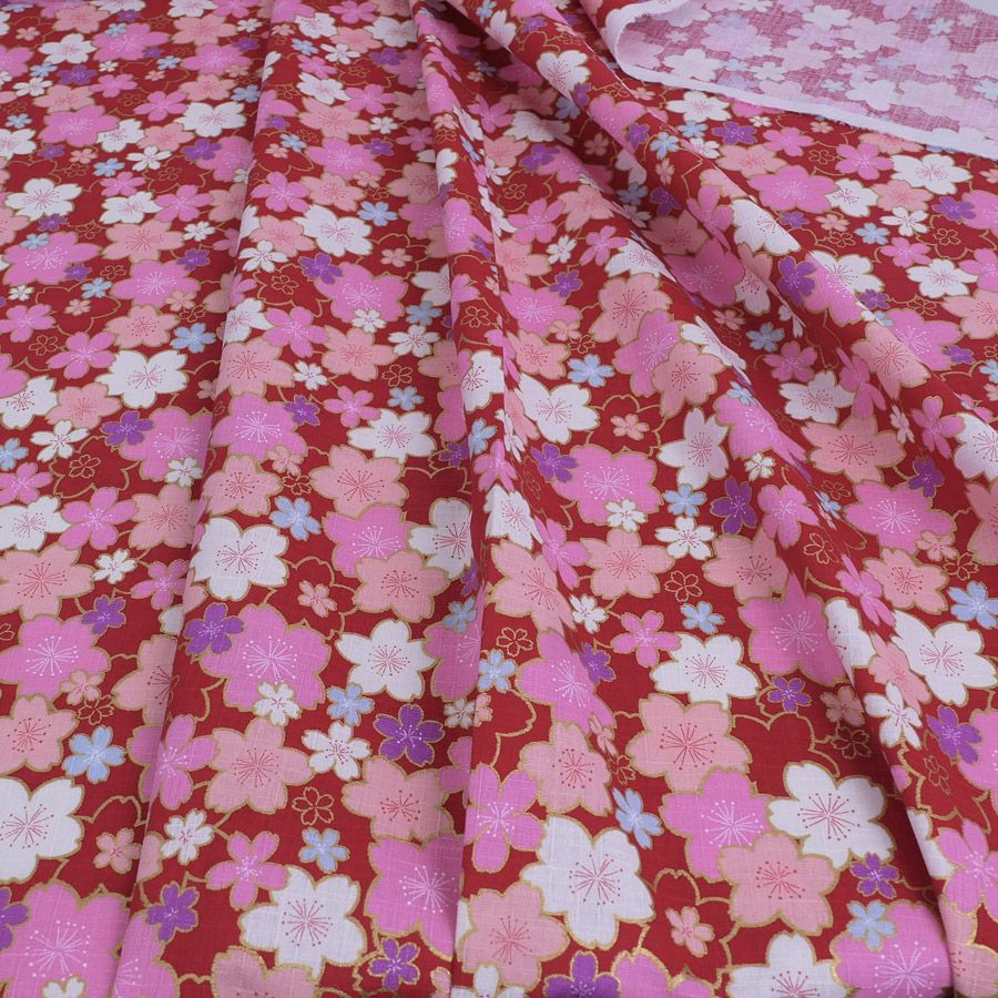 和柄コットン生地 金の縁取り桜もよう(赤) 10cm単位 切り売り コットンドビー 浴衣甚平生地 HOKKOH 桜模様 さくら柄 レッド